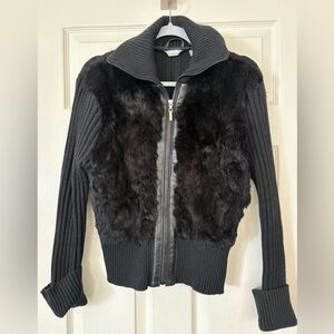 Black Rabbit Fur Zip Up Jacket Size XL Long Sleeve